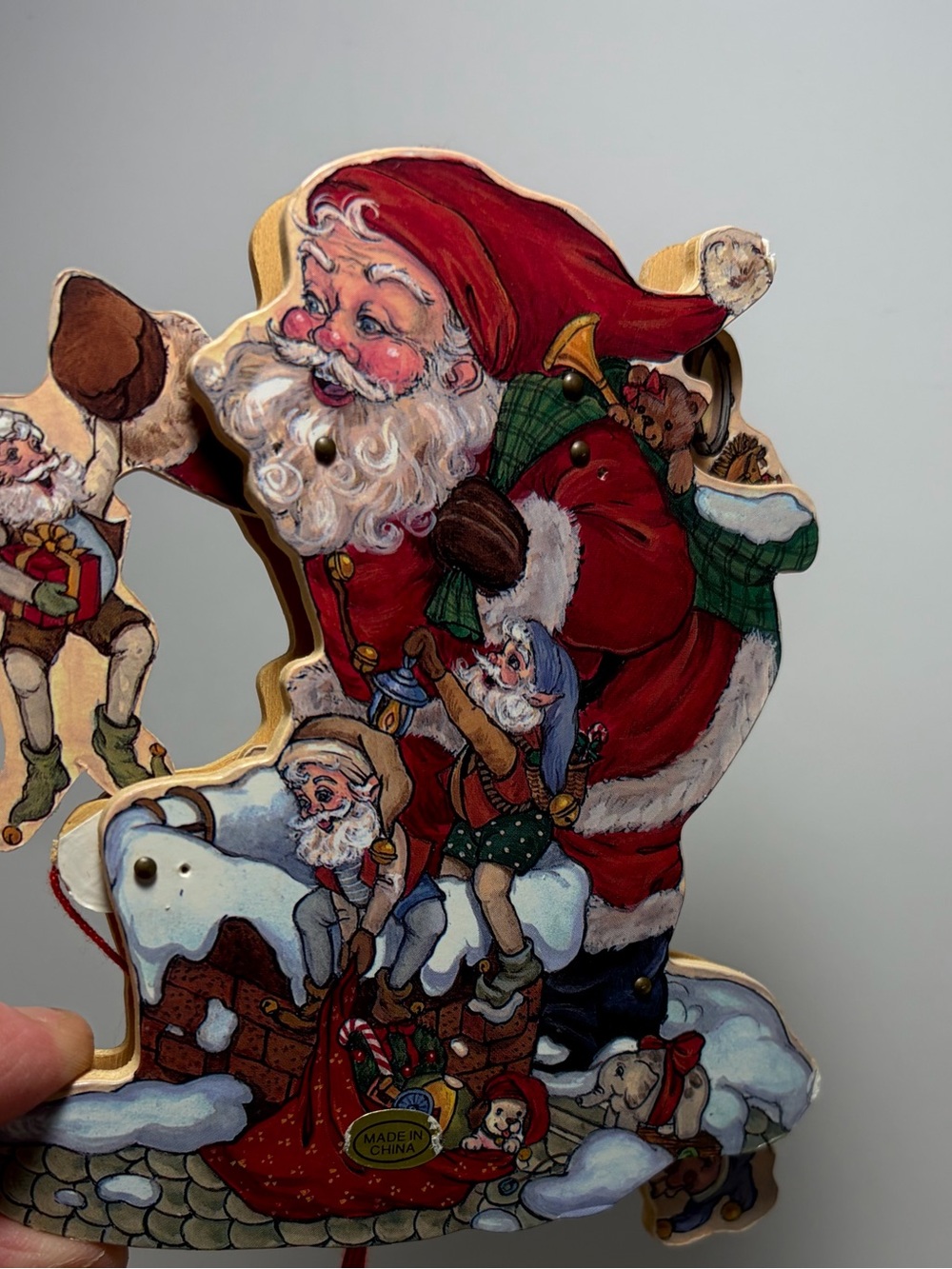 Vintage Wooden Pull String Christmas Ornament Santa and his Elves 1990s